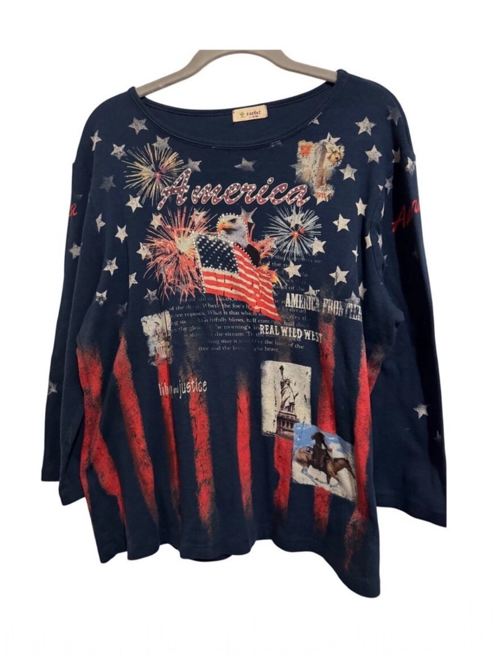 Cactus Womens Navy Patriotic Graphic Top Rhinestones Y2K Vintage Bling Size XL